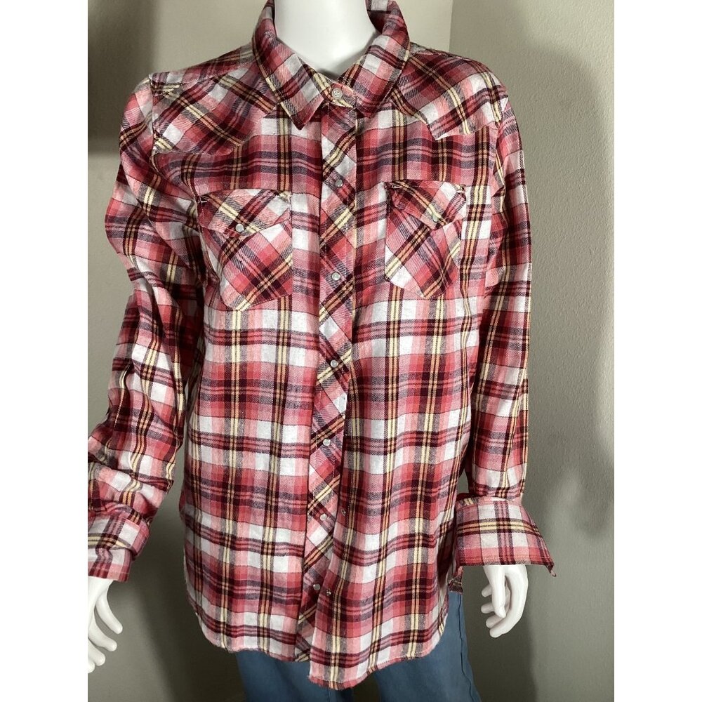 Casual Country Womens Red White Plaid Long Sleeve Button-Down Flannel Shirt XL